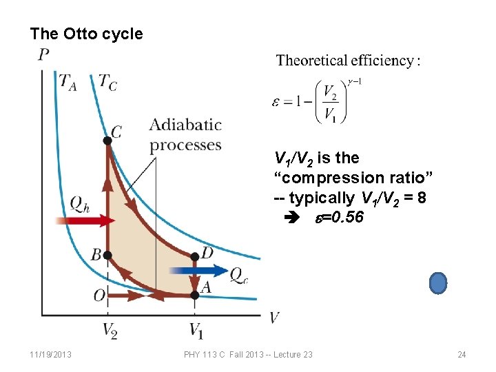 The Otto cycle V 1/V 2 is the “compression ratio” -- typically V 1/V