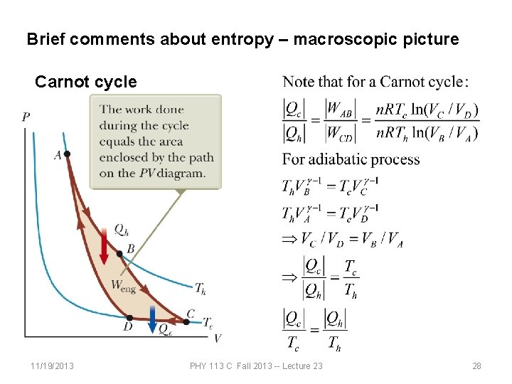 Brief comments about entropy – macroscopic picture Carnot cycle 11/19/2013 PHY 113 C Fall