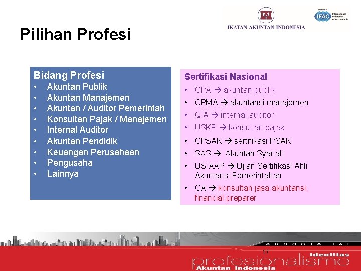 Pilihan Profesi Bidang Profesi • • • Akuntan Publik Akuntan Manajemen Akuntan / Auditor