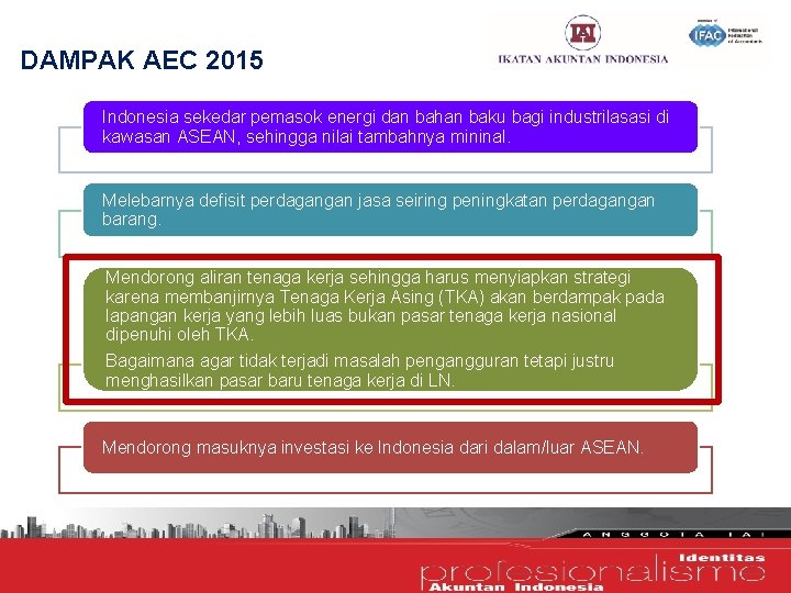 DAMPAK AEC 2015 Indonesia sekedar pemasok energi dan bahan baku bagi industrilasasi di kawasan