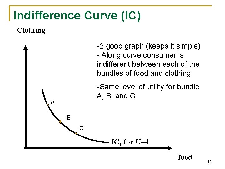 Indifference Curve (IC) Clothing -2 good graph (keeps it simple) - Along curve consumer