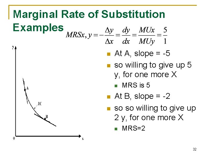 Marginal Rate of Substitution Examples n n At A, slope = -5 so willing