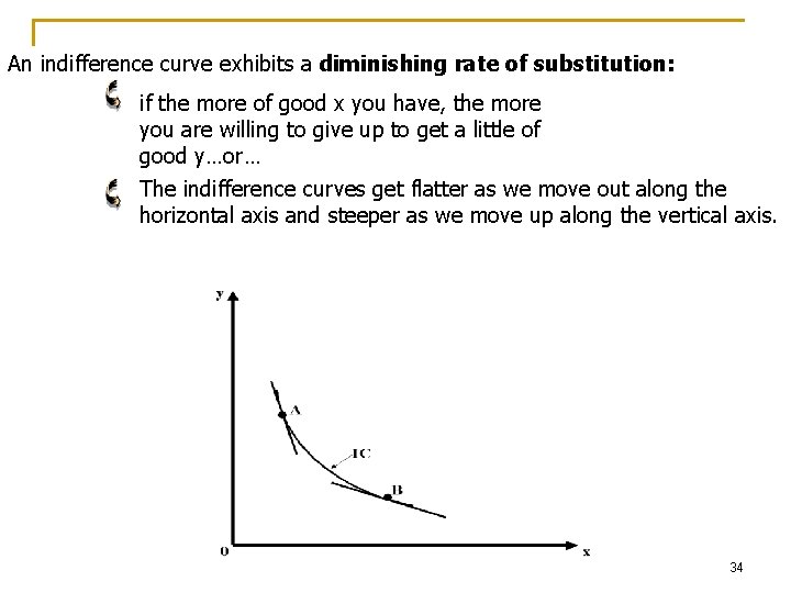 An indifference curve exhibits a diminishing rate of substitution: if the more of good