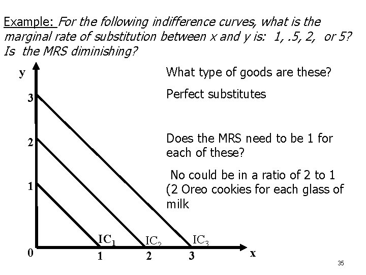 Example: For the following indifference curves, what is the marginal rate of substitution