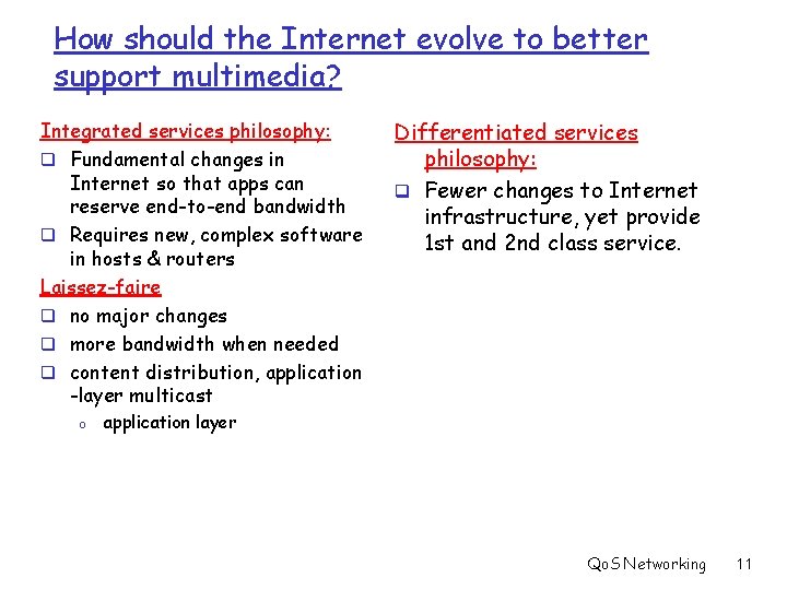 How should the Internet evolve to better support multimedia? Integrated services philosophy: q Fundamental