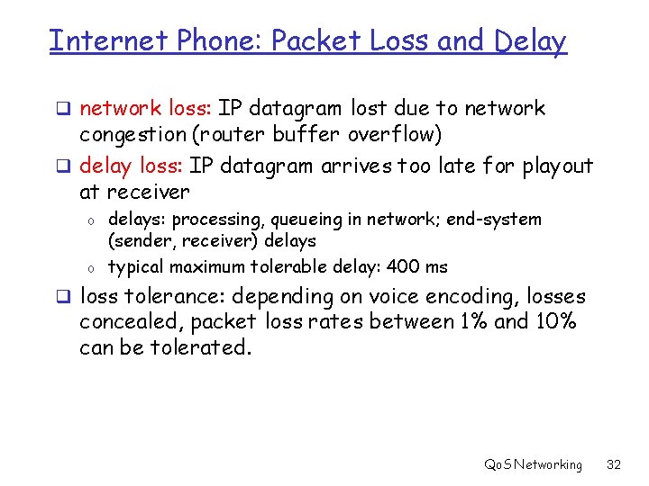 Internet Phone: Packet Loss and Delay q network loss: IP datagram lost due to