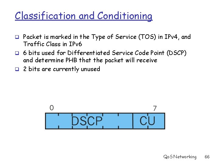 Classification and Conditioning q Packet is marked in the Type of Service (TOS) in