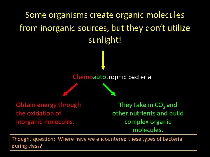 Some organisms create organic molecules from inorganic sources, but they don’t utilize sunlight! Chemoautotrophic