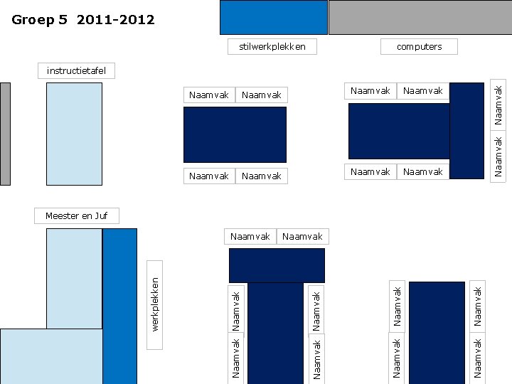 Groep 5 2011 -2012 stilwerkplekken computers Naamvak Naamvak Naamvak instructietafel Meester en Juf Naamvak