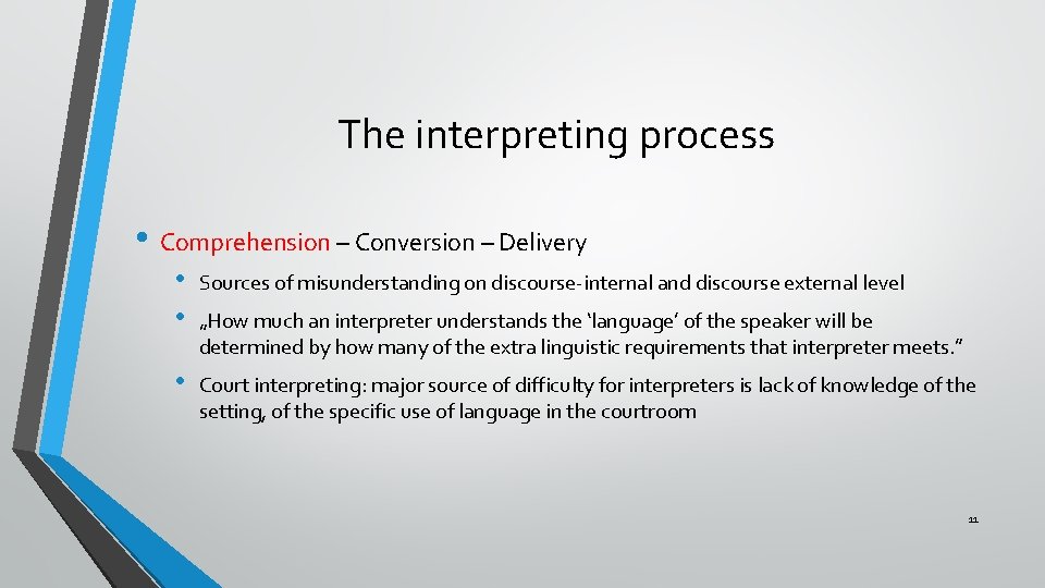 The interpreting process • Comprehension – Conversion – Delivery • • Sources of misunderstanding