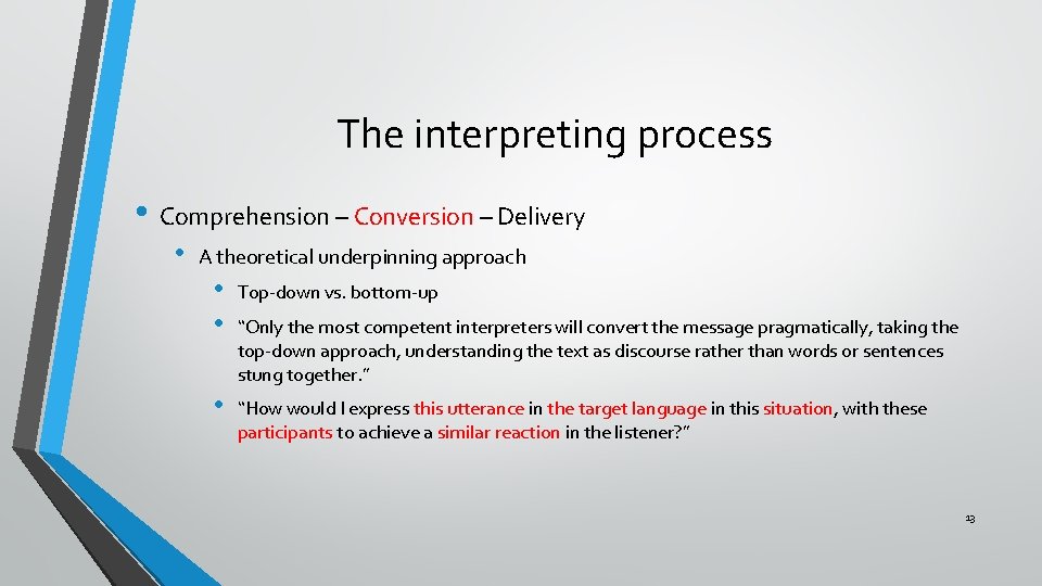 The interpreting process • Comprehension – Conversion – Delivery • A theoretical underpinning approach