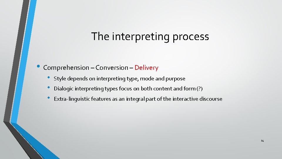 The interpreting process • Comprehension – Conversion – Delivery • • • Style depends