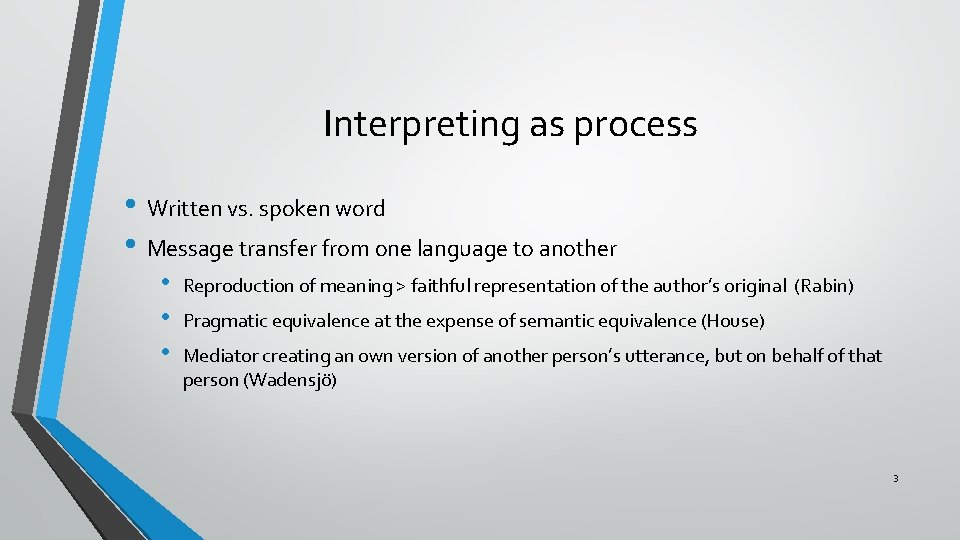 Interpreting as process • Written vs. spoken word • Message transfer from one language