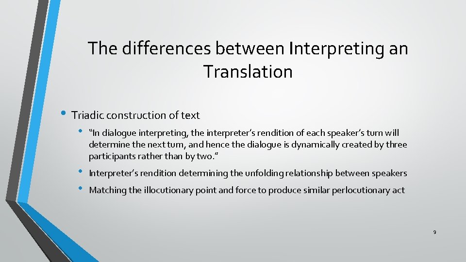 The differences between Interpreting an Translation • Triadic construction of text • “In dialogue
