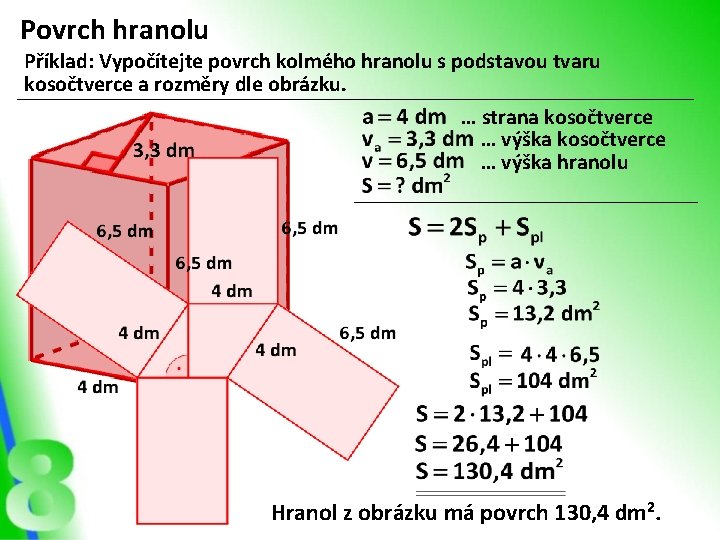 Povrch hranolu Příklad: Vypočítejte povrch kolmého hranolu s podstavou tvaru kosočtverce a rozměry dle