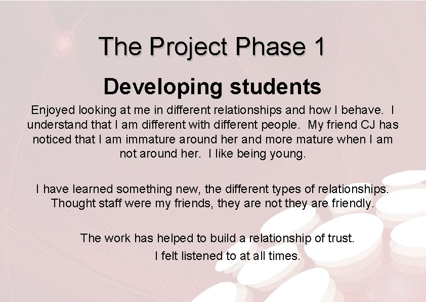 The Project Phase 1 Developing students Enjoyed looking at me in different relationships and