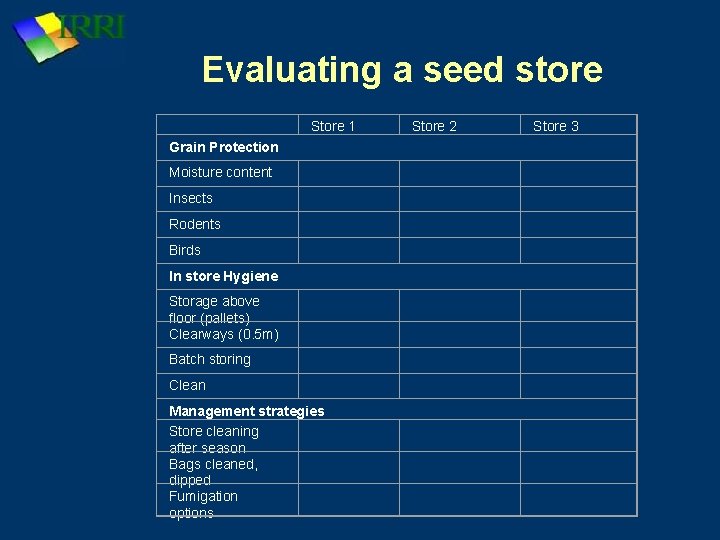 Evaluating a seed store Store 1 Store 2 Store 3 Grain Protection Moisture content