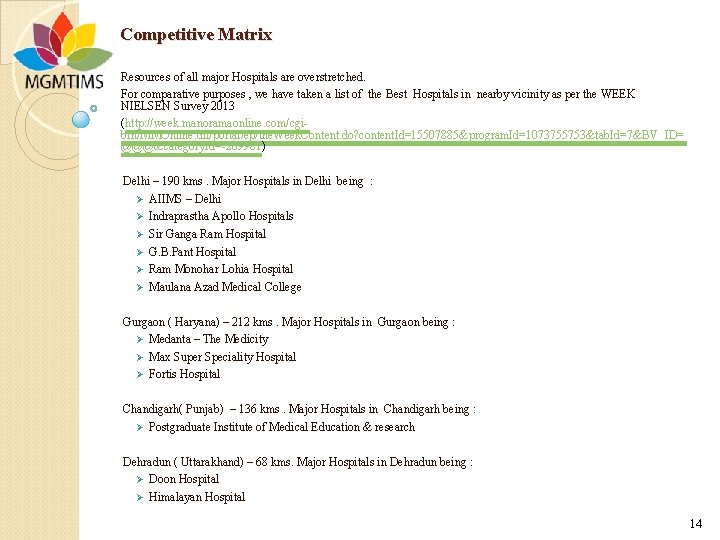 Competitive Matrix Resources of all major Hospitals are overstretched. For comparative purposes , we