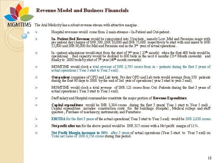 Revenue Model and Business Financials The Atal Medicity has a robust revenue stream with