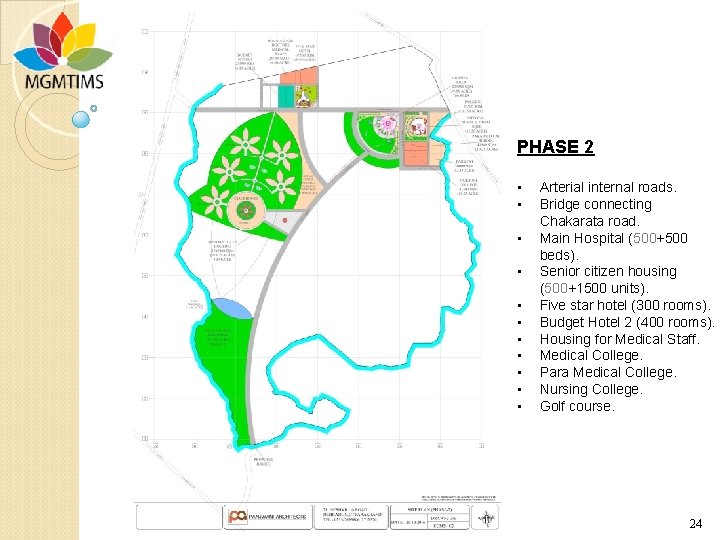 PHASE 2 • • • Arterial internal roads. Bridge connecting Chakarata road. Main Hospital