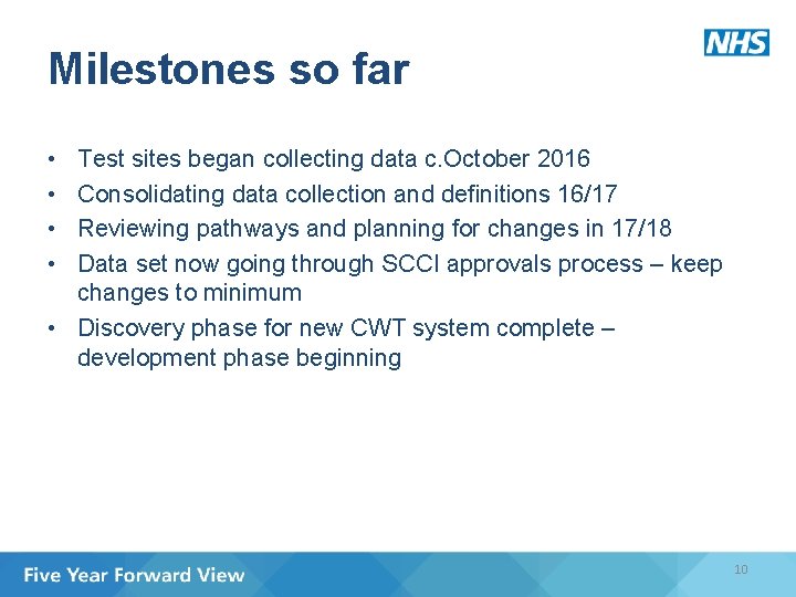 Milestones so far • • Test sites began collecting data c. October 2016 Consolidating