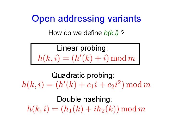 Open addressing variants How do we define h(k, i) ? Linear probing: Quadratic probing: