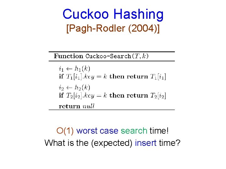 Cuckoo Hashing [Pagh-Rodler (2004)] O(1) worst case search time! What is the (expected) insert