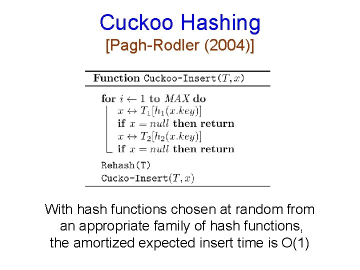 Cuckoo Hashing [Pagh-Rodler (2004)] With hash functions chosen at random from an appropriate family