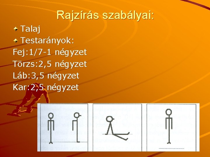 Rajzírás szabályai: Talaj Testarányok: Fej: 1/7 -1 négyzet Törzs: 2, 5 négyzet Láb: 3,