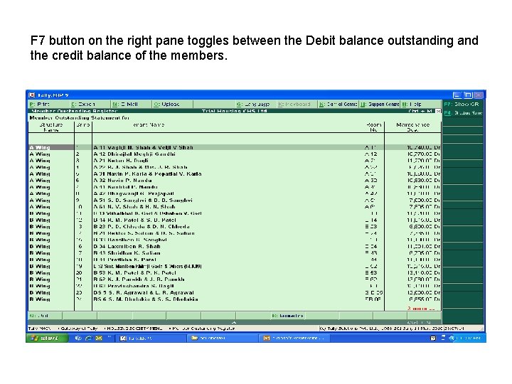 F 7 button on the right pane toggles between the Debit balance outstanding and