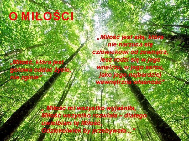 O MIŁOŚCI „Miłość, która jest gotowa oddać życie, nie zginie” „Miłość jest siłą, która