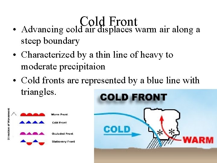  • Cold Front Advancing cold air displaces warm air along a steep boundary