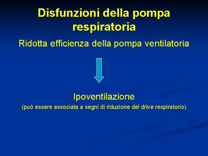 Disfunzioni della pompa respiratoria Ridotta efficienza della pompa ventilatoria Ipoventilazione (può essere associata a