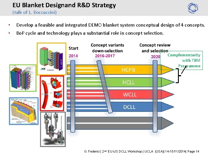 EU Blanket Designand R&D Strategy (talk of L. Boccaccini) • • Develop a feasible