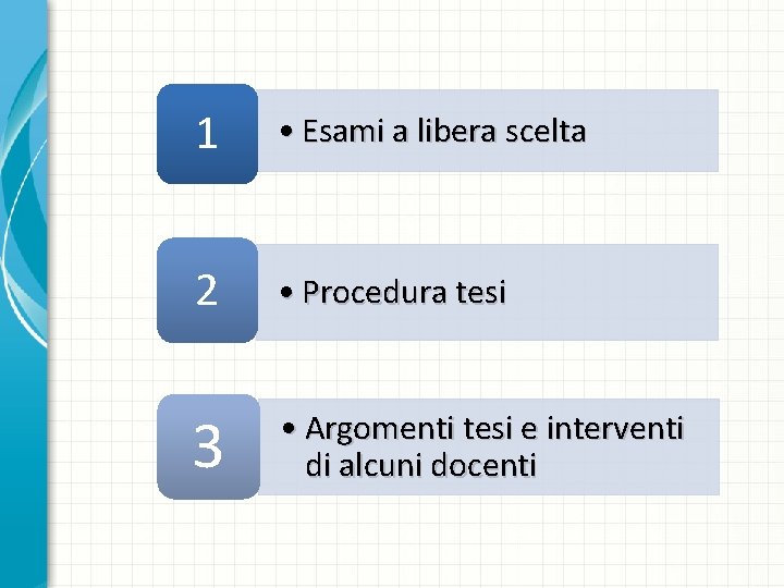 1 • Esami a libera scelta 2 • Procedura tesi 3 • Argomenti tesi 1 • Esami a libera scelta 2 • Procedura tesi 3 • Argomenti tesi