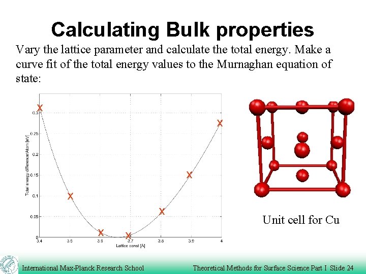 Calculating Bulk properties Vary the lattice parameter and calculate the total energy. Make a