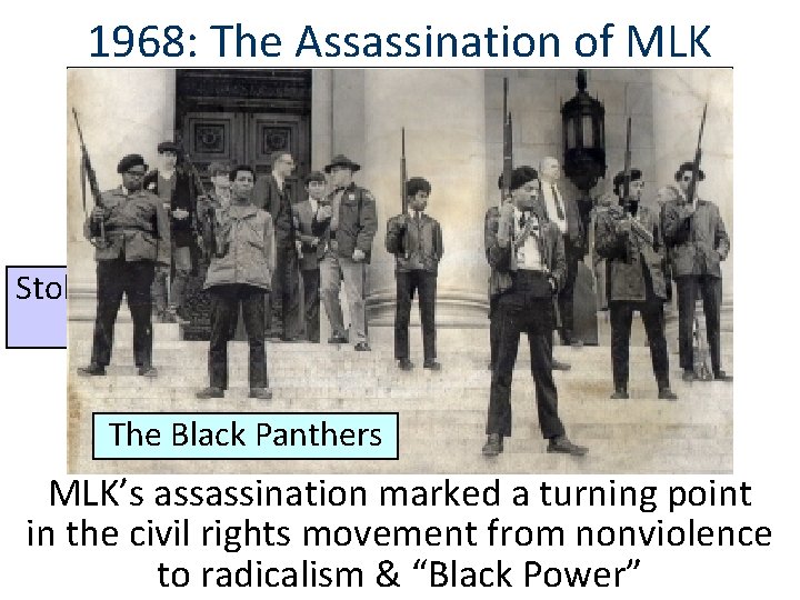 1968: The Assassination of MLK Stokely Carmichael & SNCC The Black Panthers MLK’s assassination