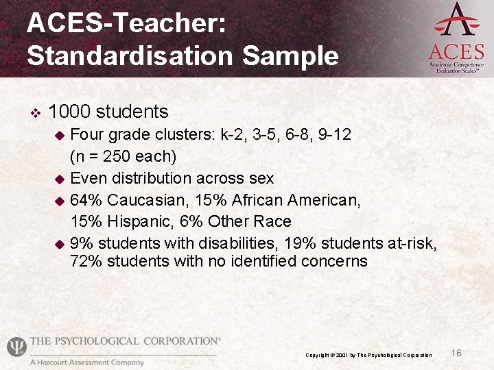 ACES-Teacher: Standardisation Sample v 1000 students Four grade clusters: k-2, 3 -5, 6 -8,