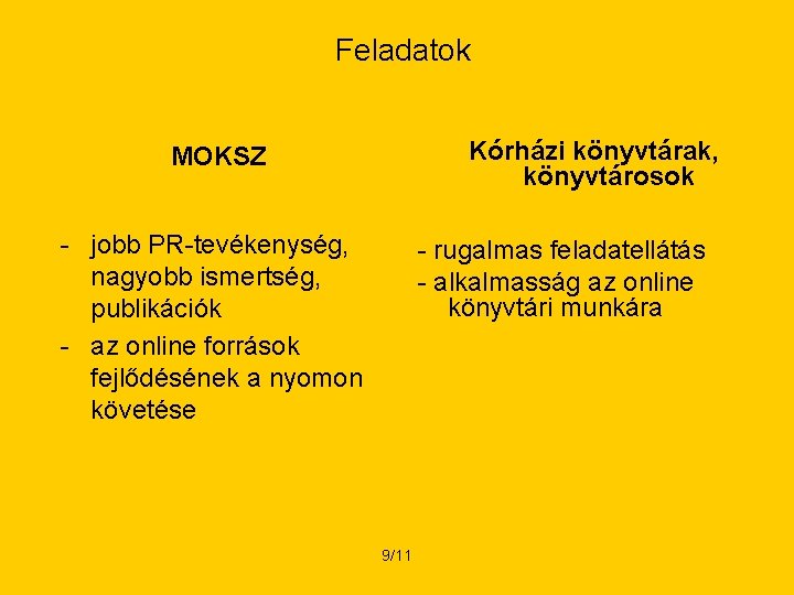 Feladatok Kórházi könyvtárak, könyvtárosok MOKSZ - jobb PR-tevékenység, nagyobb ismertség, publikációk - az online