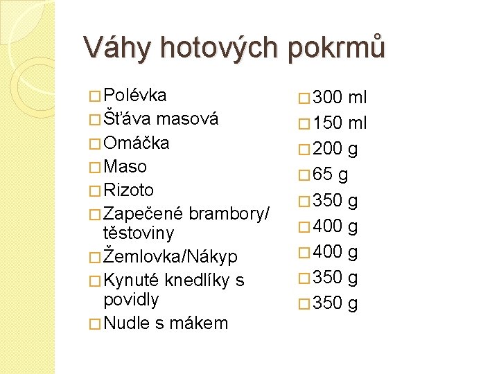 Váhy hotových pokrmů � Polévka � 300 ml � Šťáva masová � 150 ml