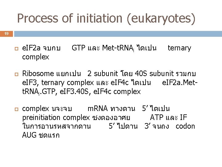 Process of initiation (eukaryotes) 19 e. IF 2 a จบกบ complex GTP และ Met-t.