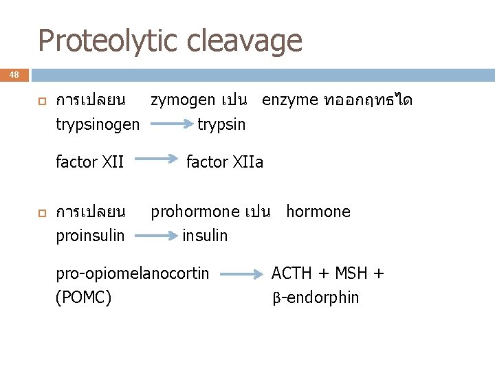 Proteolytic cleavage 48 การเปลยน zymogen เปน enzyme ทออกฤทธได trypsinogen trypsin factor XII การเปลยน proinsulin