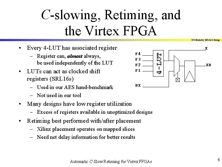 C-slowing, Retiming, and the Virtex FPGA UC Berkeley BRASS Group • Every 4 -LUT