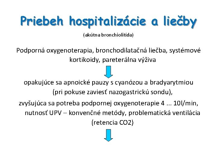 Priebeh hospitalizácie a liečby (akútna bronchiolitída) Podporná oxygenoterapia, bronchodilatačná liečba, systémové kortikoidy, pareterálna výživa