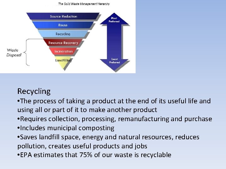 Recycling • The process of taking a product at the end of its useful