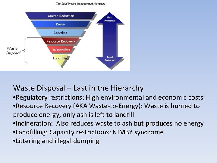 Waste Disposal – Last in the Hierarchy • Regulatory restrictions: High environmental and economic