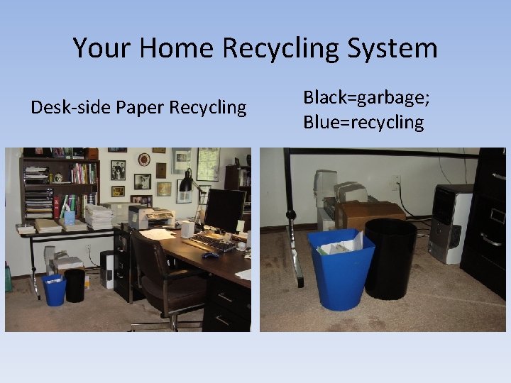 Your Home Recycling System Desk-side Paper Recycling Black=garbage; Blue=recycling 