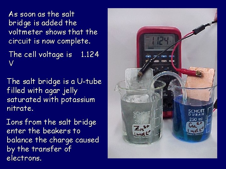 As soon as the salt bridge is added the voltmeter shows that the circuit