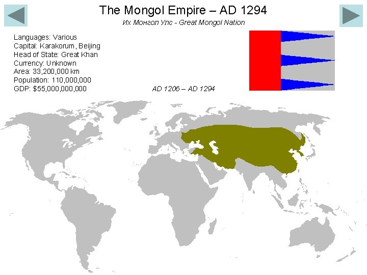 The Mongol Empire – AD 1294 Их Монгол Улс - Great Mongol Nation Languages: