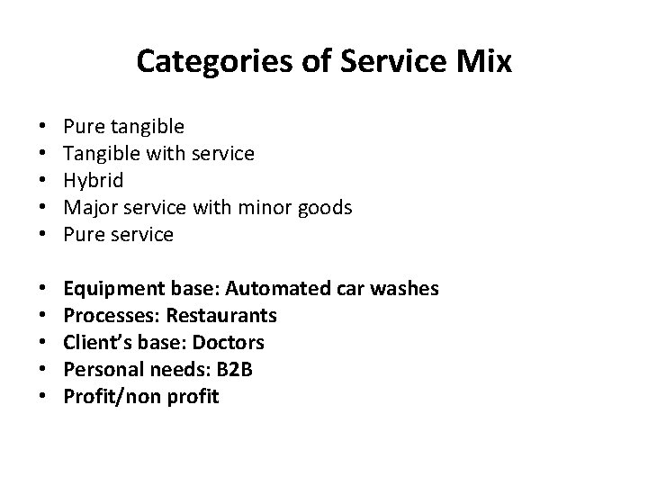 Categories of Service Mix • • • Pure tangible Tangible with service Hybrid Major